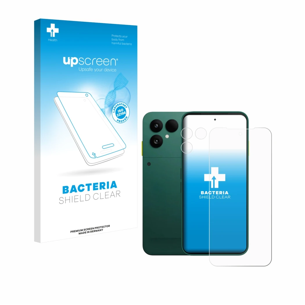 Parte frontal de un envase de producto con el logotipo de la marca upscreen. Al lado se muestra el dispositivo Fairphone 6 (Fr