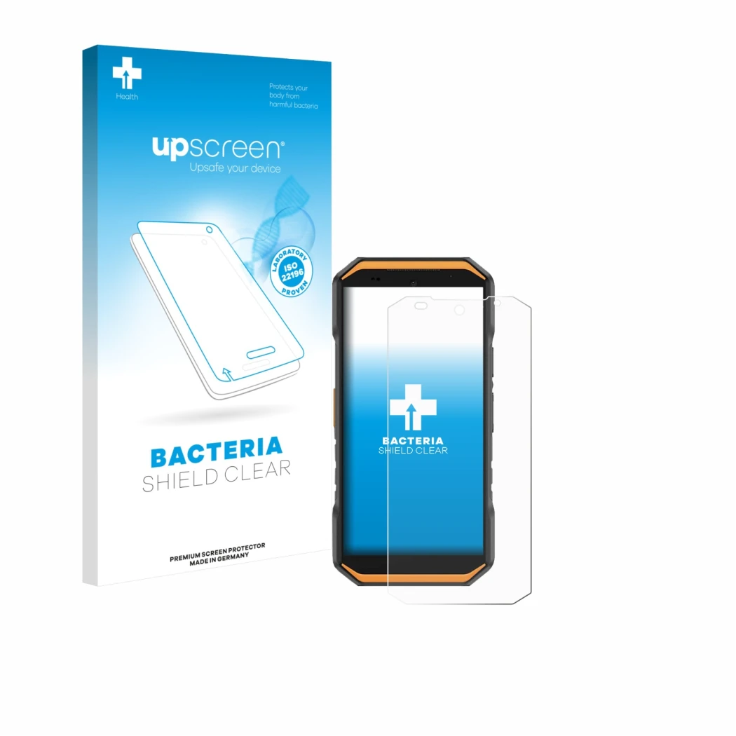 Parte frontal de un envase de producto con el logotipo de la marca upscreen. Al lado se muestra el dispositivo Ulefone Armor X