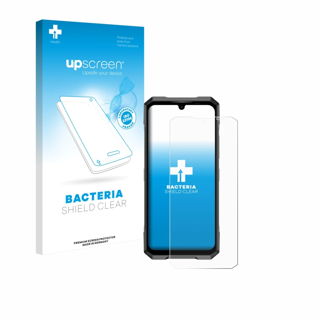 Parte frontal de un envase de producto con el logotipo de la marca upscreen. Al lado se muestra el dispositivo Doogee Blade GT