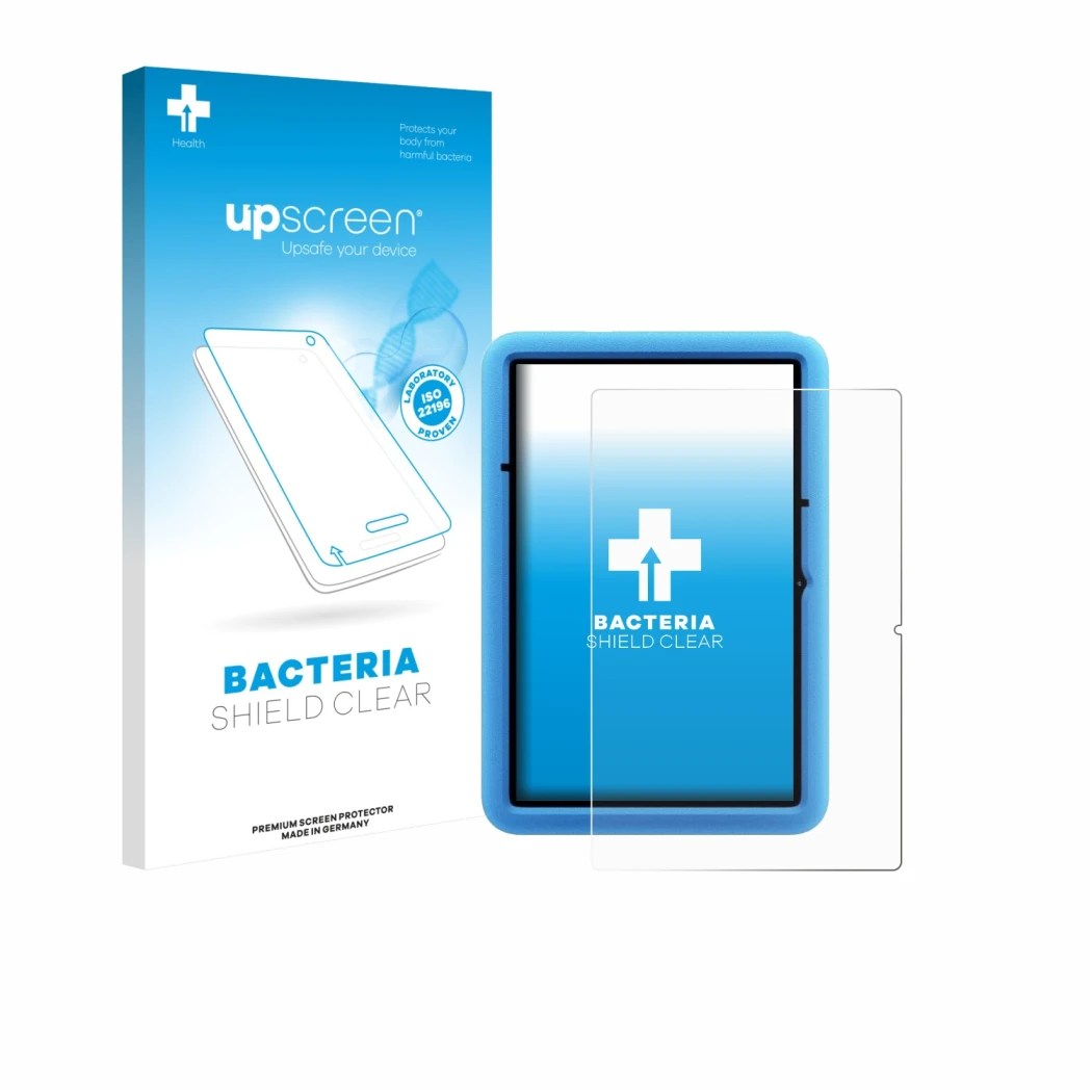 Parte frontal de un envase de producto con el logotipo de la marca upscreen. Al lado se muestra el dispositivo Blackview Tab 6