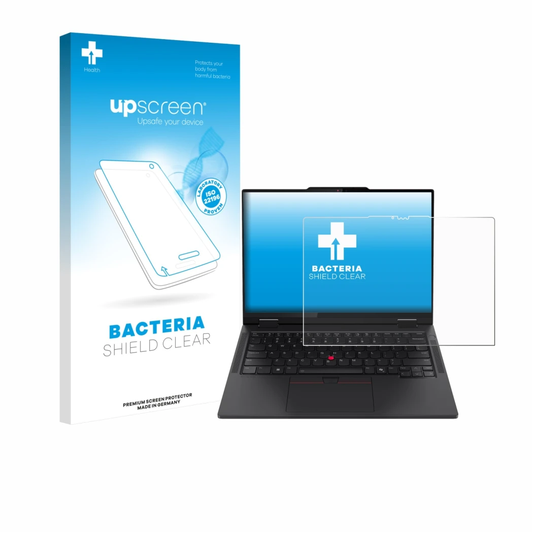 Parte frontal de un envase de producto con el logotipo de la marca upscreen. Al lado se muestra el dispositivo Lenovo ThinkPad