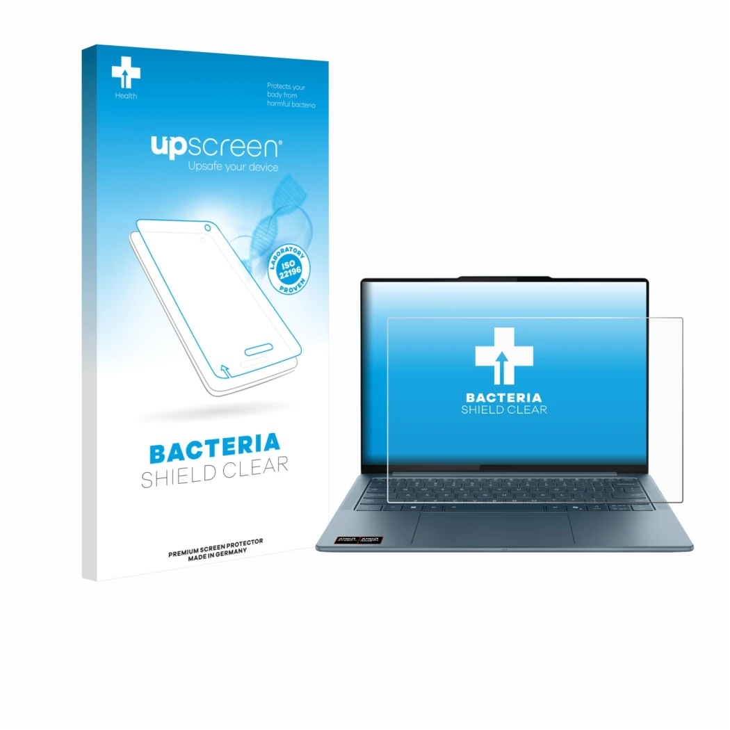 Parte frontal de un envase de producto con el logotipo de la marca upscreen. Al lado se muestra el dispositivo Lenovo Yoga Sli