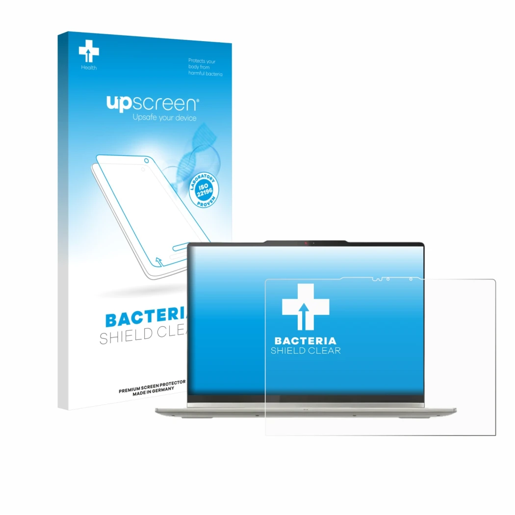 Parte frontal de un envase de producto con el logotipo de la marca upscreen. Al lado se muestra el dispositivo Lenovo Yoga 7 2