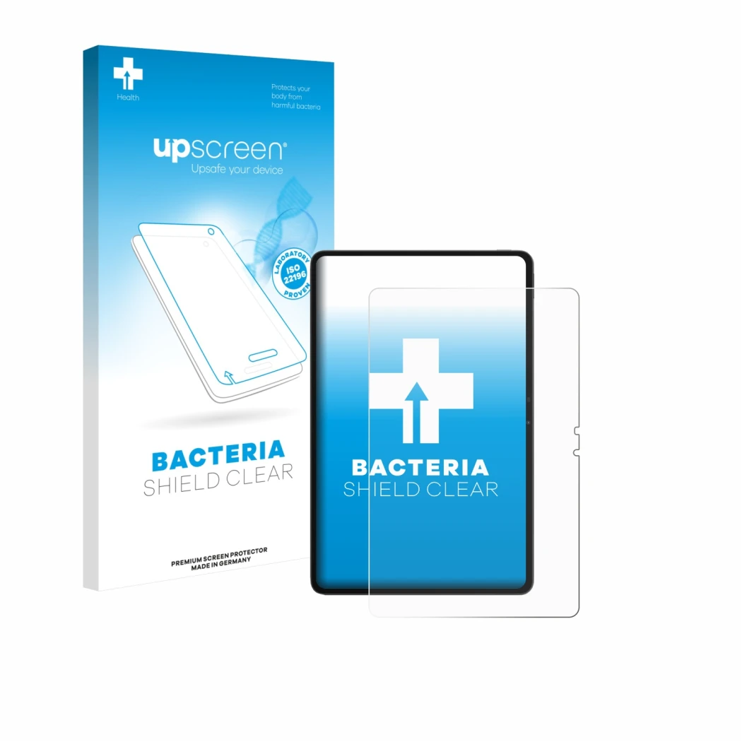 Parte frontal de un envase de producto con el logotipo de la marca upscreen. Al lado se muestra el dispositivo Blackview MEGA 