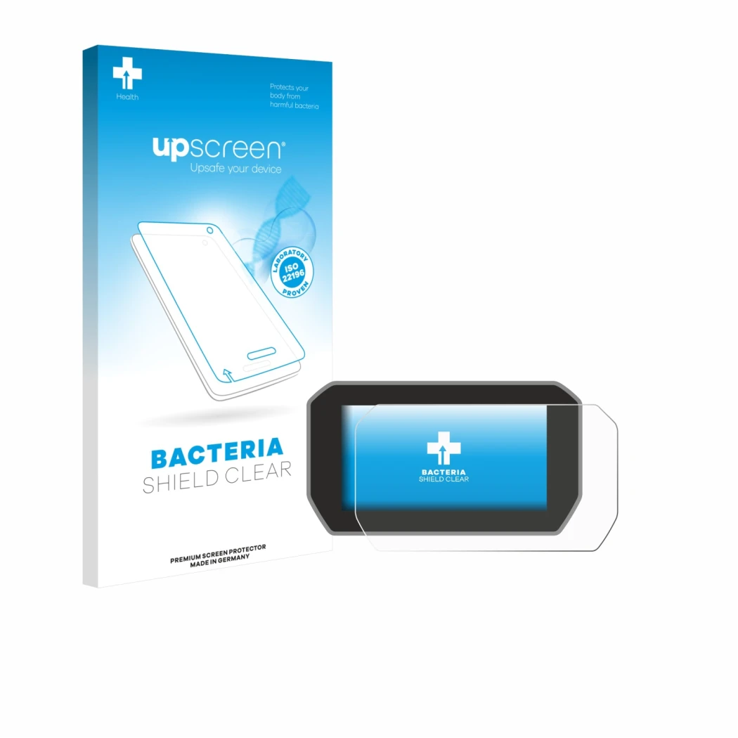 Parte frontal de un envase de producto con el logotipo de la marca upscreen. Al lado se muestra el dispositivo Ducati V4S 2021