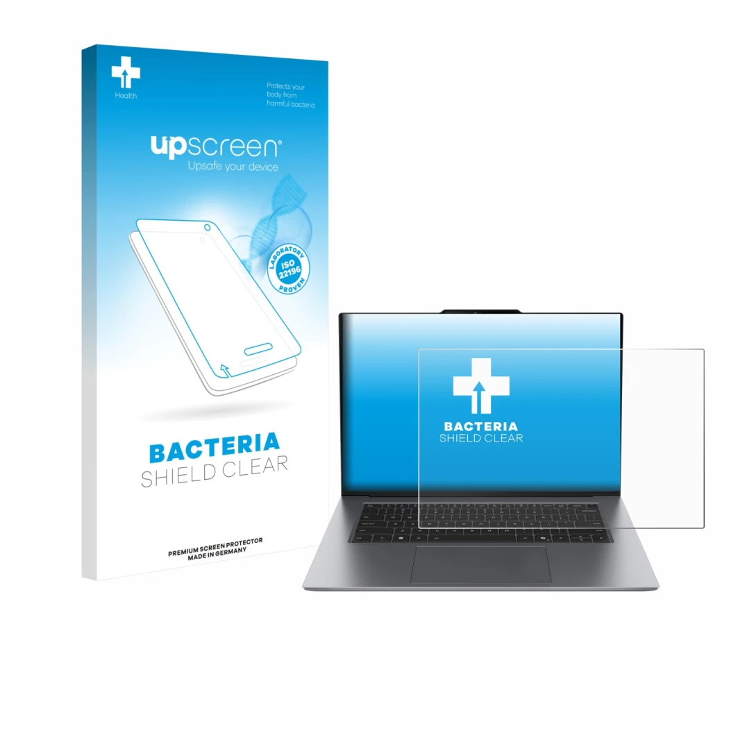 Parte frontal de un envase de producto con el logotipo de la marca upscreen. Al lado se muestra el dispositivo Lenovo ThinkPad