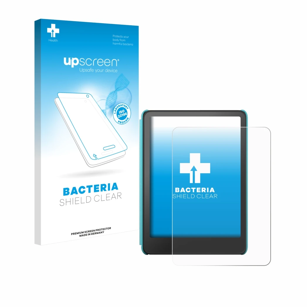 Parte frontal de un envase de producto con el logotipo de la marca upscreen. Al lado se muestra el dispositivo Amazon Kindle C