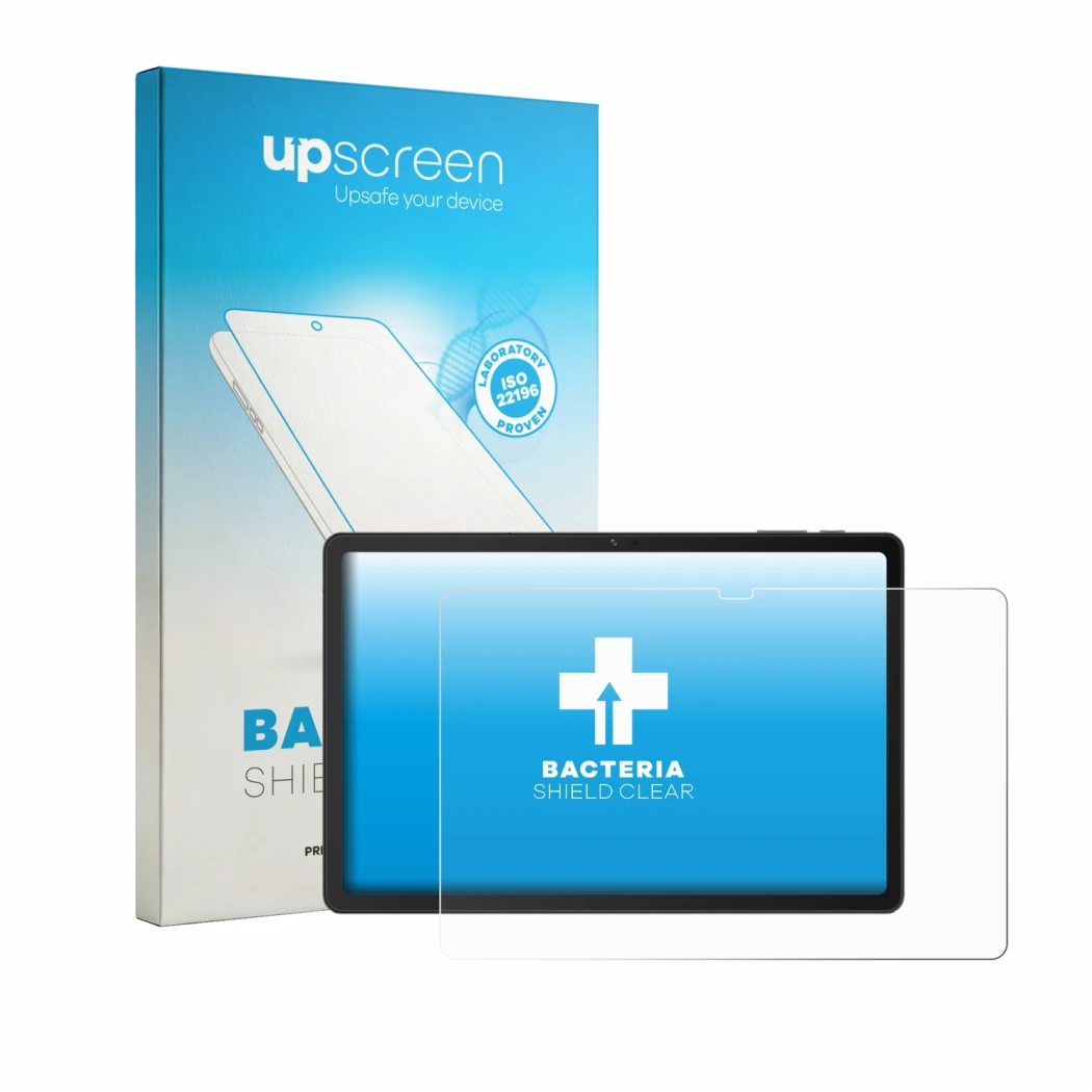 Parte frontal de un envase de producto con el logotipo de la marca upscreen. Al lado se muestra el dispositivo VALE Tablet V11