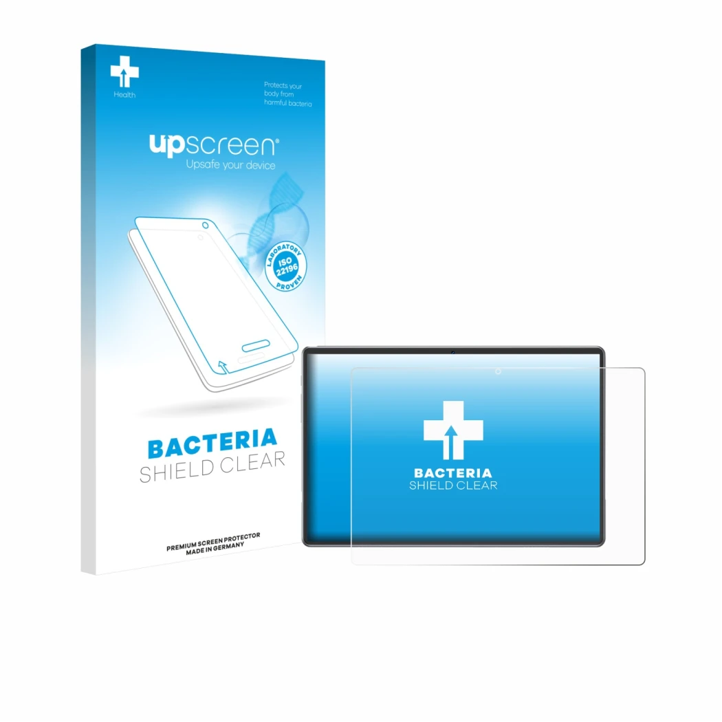 Parte frontal de un envase de producto con el logotipo de la marca upscreen. Al lado se muestra el dispositivo Xgody P60 Pro c
