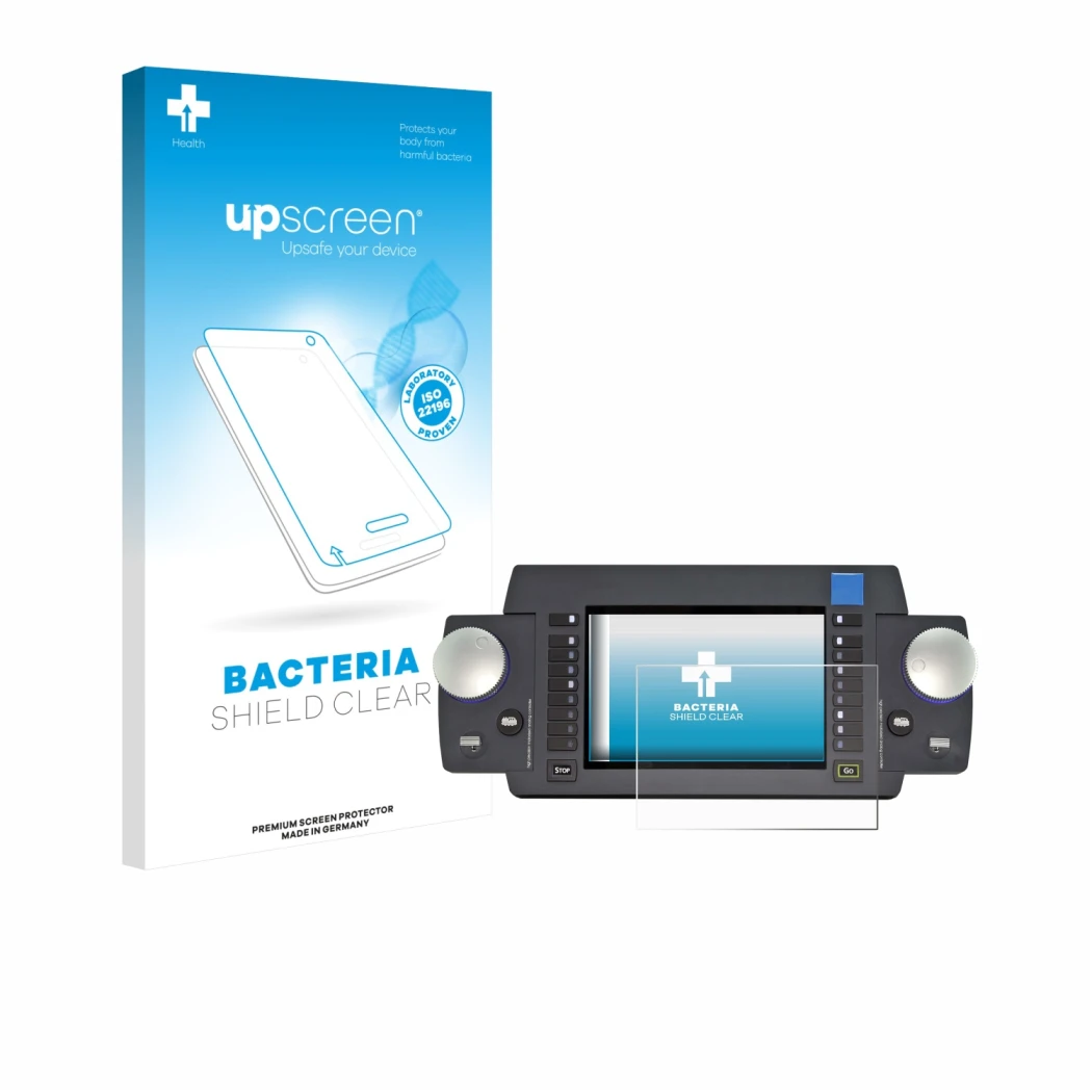 Parte frontal de un envase de producto con el logotipo de la marca upscreen. Al lado se muestra el dispositivo ESU Ecos 50220