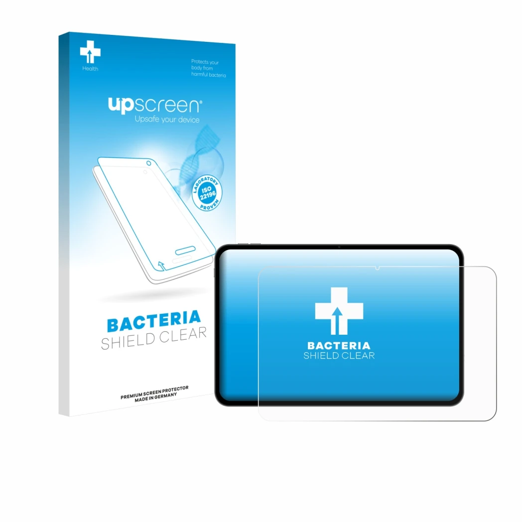 Parte frontal de un envase de producto con el logotipo de la marca upscreen. Al lado se muestra el dispositivo Teclast T65 con
