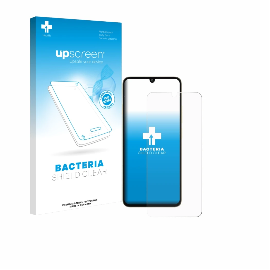Parte frontal de un envase de producto con el logotipo de la marca upscreen. Al lado se muestra el dispositivo Oukitel C59 Pro