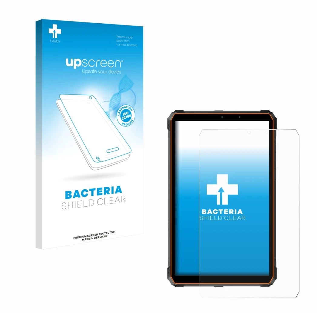 Parte frontal de un envase de producto con el logotipo de la marca upscreen. Al lado se muestra el dispositivo Blackview Activ