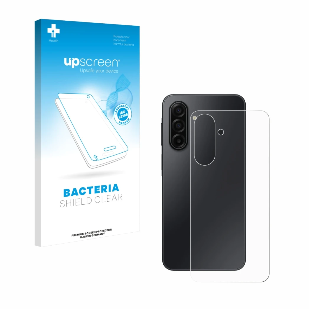 Parte frontal de un envase de producto con el logotipo de la marca upscreen. Al lado se muestra el dispositivo Samsung Galaxy 