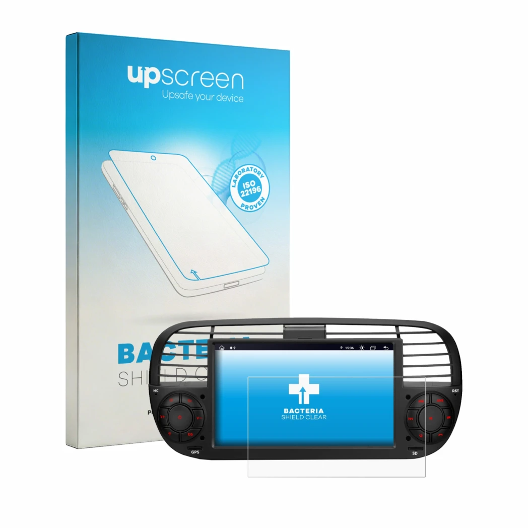 Parte frontal de un envase de producto con el logotipo de la marca upscreen. Al lado se muestra el dispositivo Xtrons IA7250FL