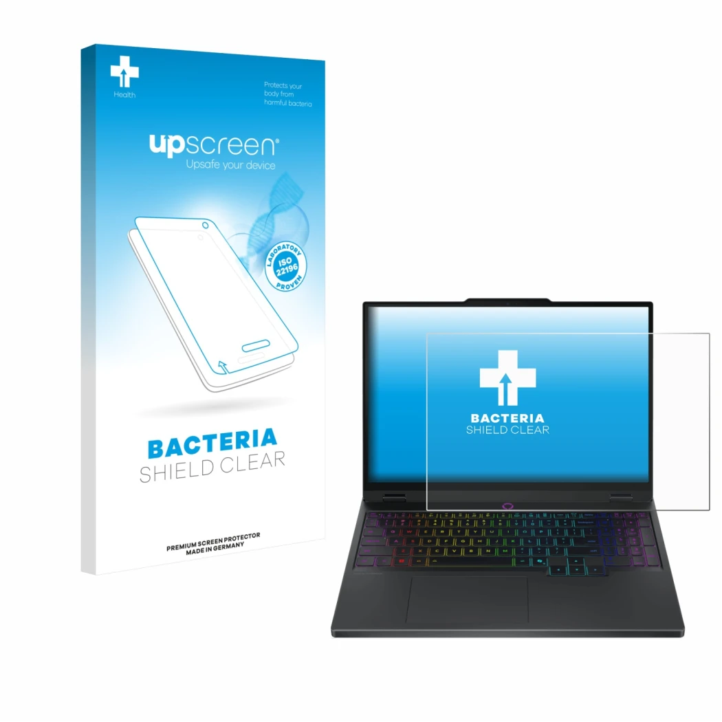 Parte frontal de un envase de producto con el logotipo de la marca upscreen. Al lado se muestra el dispositivo Lenovo Legion 5