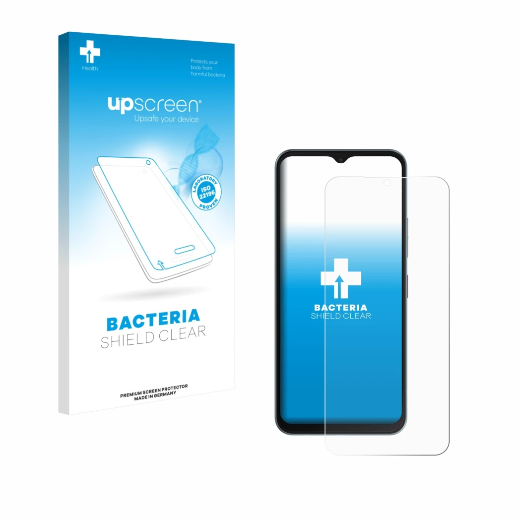 Parte frontal de un envase de producto con el logotipo de la marca upscreen. Al lado se muestra el dispositivo Telekom T Phone