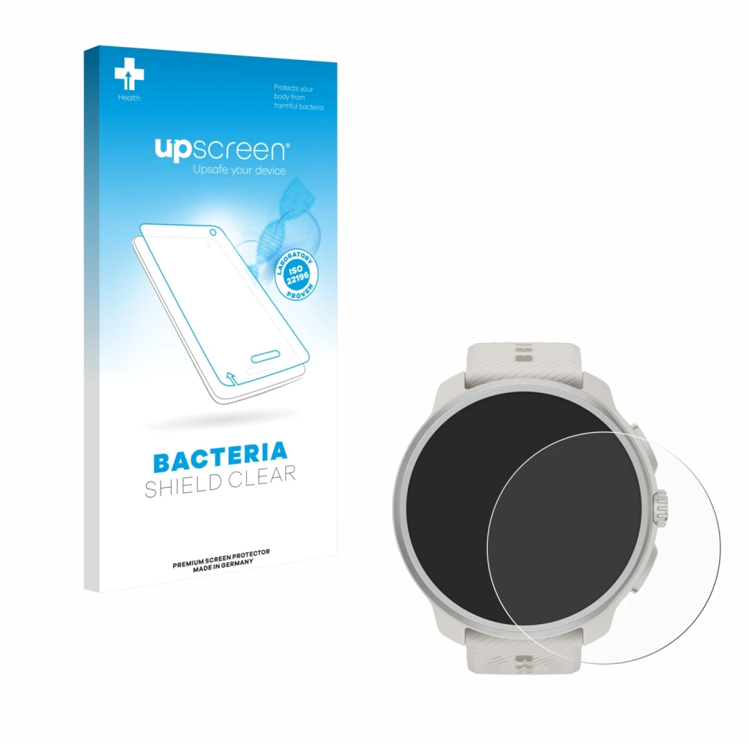 Parte frontal de un envase de producto con el logotipo de la marca upscreen. Al lado se muestra el dispositivo Suunto Race 2 c