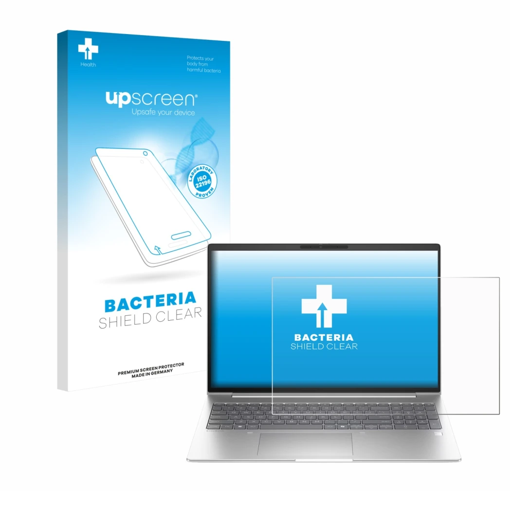Parte frontal de un envase de producto con el logotipo de la marca upscreen. Al lado se muestra el dispositivo HP EliteBook 6 