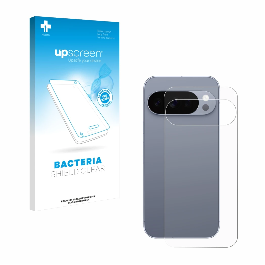 Parte frontal de un envase de producto con el logotipo de la marca upscreen. Al lado se muestra el dispositivo Google Pixel 10