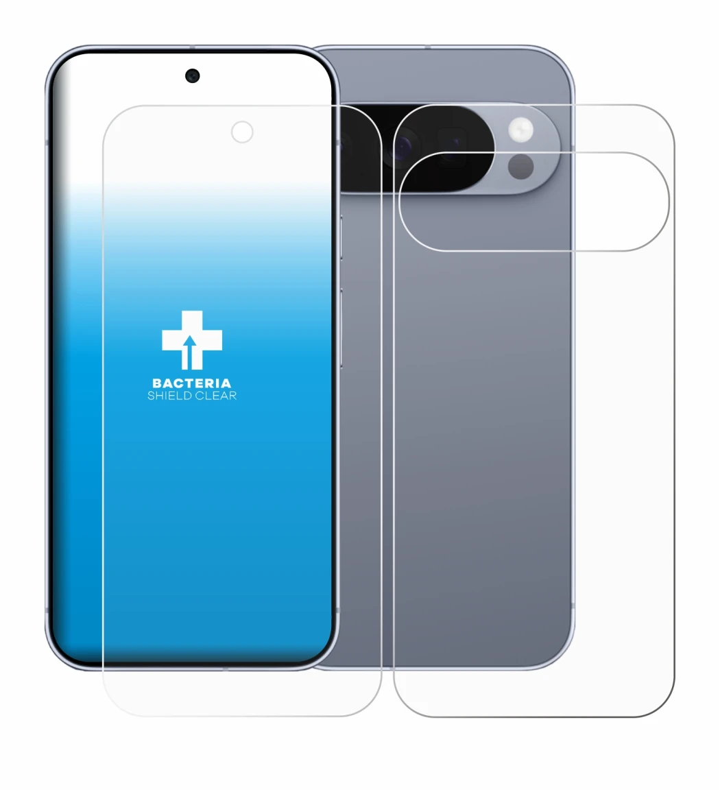 Imagen del dispositivo Google Pixel 10 Pro (Frontal+Trasero) con una amplia variedad de protectores de pantalla.