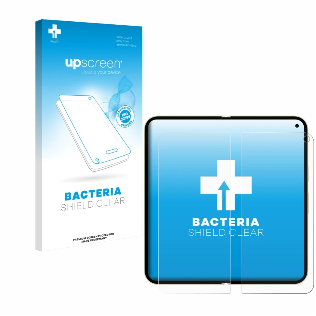 Parte frontal de un envase de producto con el logotipo de la marca upscreen. Al lado se muestra el dispositivo Google Pixel 10