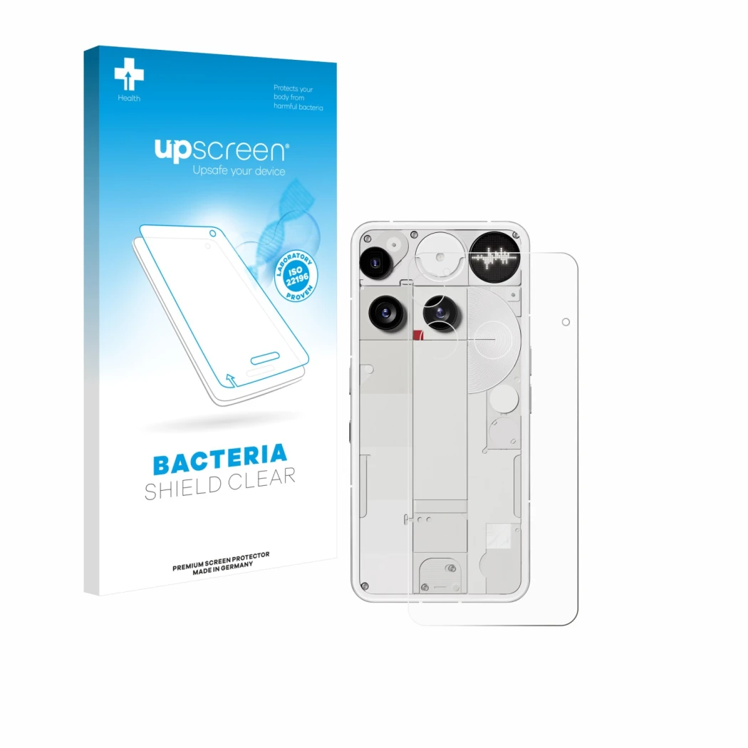 Parte frontal de un envase de producto con el logotipo de la marca upscreen. Al lado se muestra el dispositivo Nothing Phone (