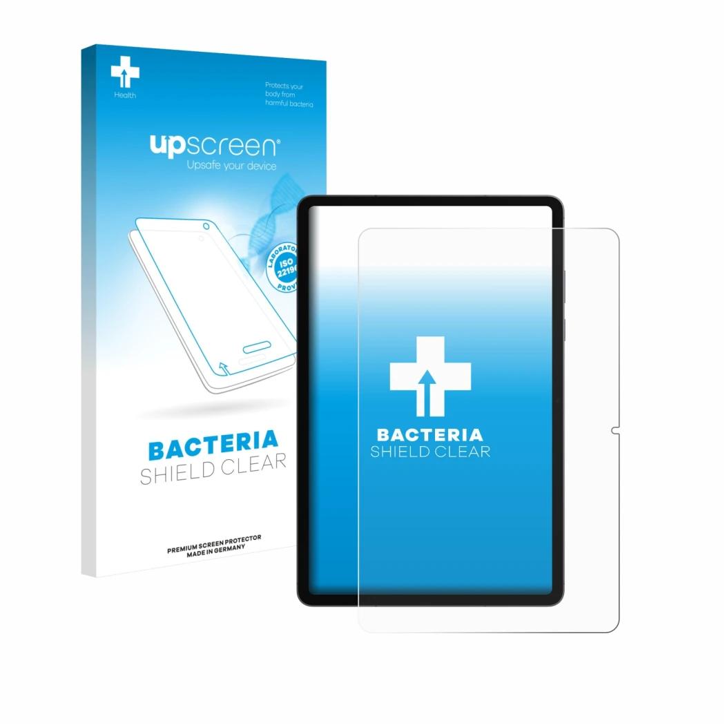 Parte frontal de un envase de producto con el logotipo de la marca upscreen. Al lado se muestra el dispositivo Samsung Galaxy 