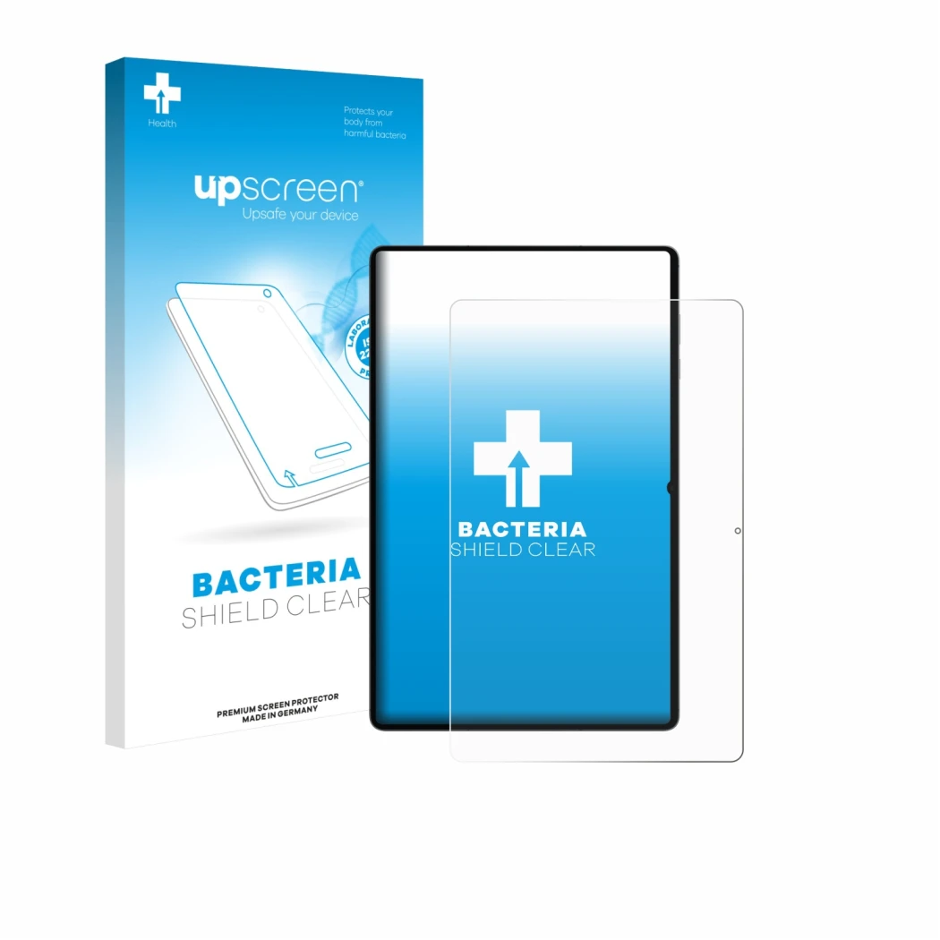 Parte frontal de un envase de producto con el logotipo de la marca upscreen. Al lado se muestra el dispositivo Samsung Galaxy 