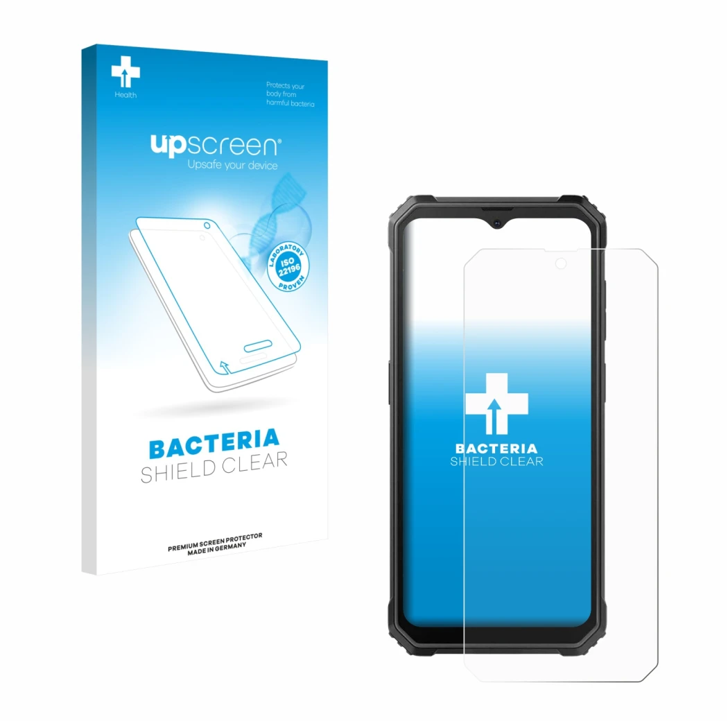 Parte frontal de un envase de producto con el logotipo de la marca upscreen. Al lado se muestra el dispositivo Blackview BV480