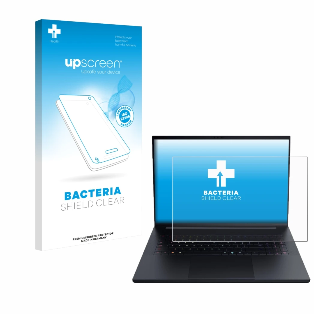 Parte frontal de un envase de producto con el logotipo de la marca upscreen. Al lado se muestra el dispositivo Razer Blade 18