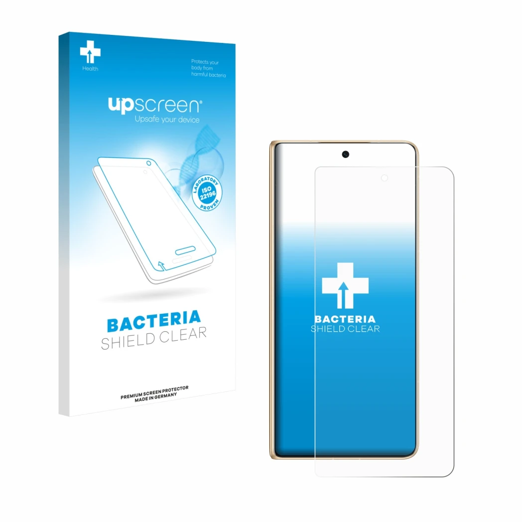 Parte frontal de un envase de producto con el logotipo de la marca upscreen. Al lado se muestra el dispositivo Honor Magic V5 