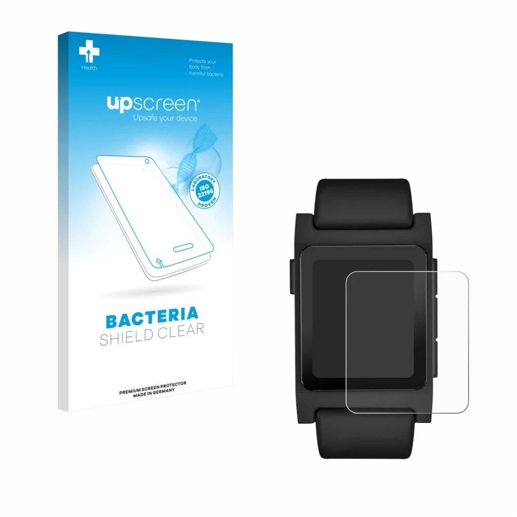 Parte frontal de un envase de producto con el logotipo de la marca upscreen. Al lado se muestra el dispositivo Pebble 2 Duo 20