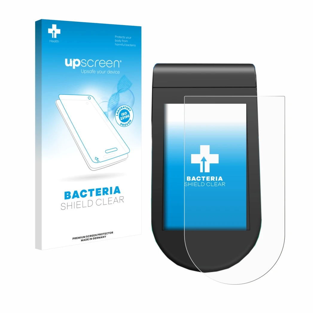 Parte frontal de un envase de producto con el logotipo de la marca upscreen. Al lado se muestra el dispositivo SoFlow SO4 Pro