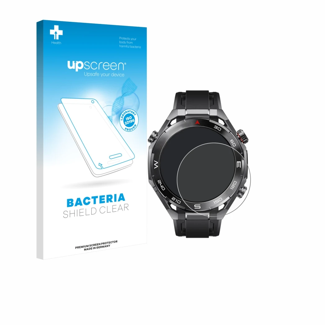 Parte frontal de un envase de producto con el logotipo de la marca upscreen. Al lado se muestra el dispositivo Huawei Watch Ul