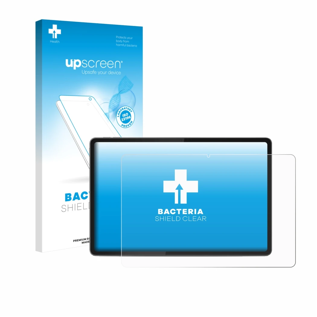 Parte frontal de un envase de producto con el logotipo de la marca upscreen. Al lado se muestra el dispositivo Lenovo Yoga Tab