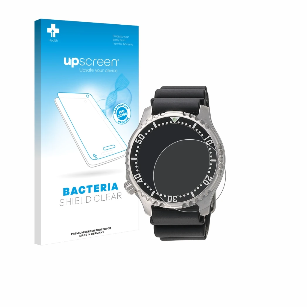 Parte frontal de un envase de producto con el logotipo de la marca upscreen. Al lado se muestra el dispositivo Citizen NY0040
