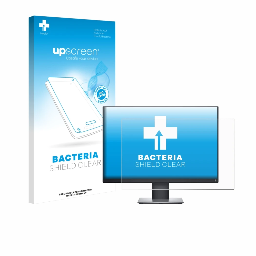 Parte frontal de un envase de producto con el logotipo de la marca upscreen. Al lado se muestra el dispositivo Dell Profession