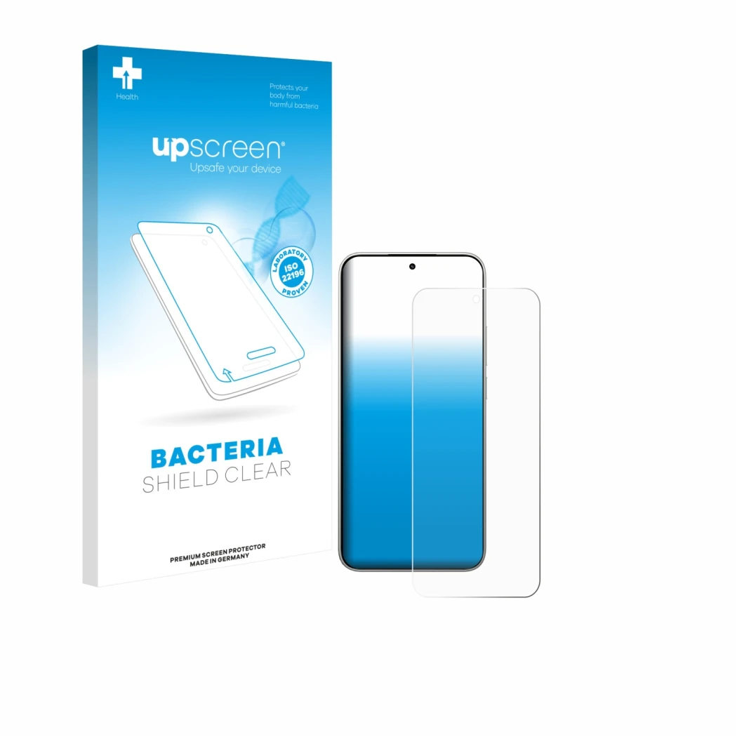 Parte frontal de un envase de producto con el logotipo de la marca upscreen. Al lado se muestra el dispositivo Xiaomi 15T con 