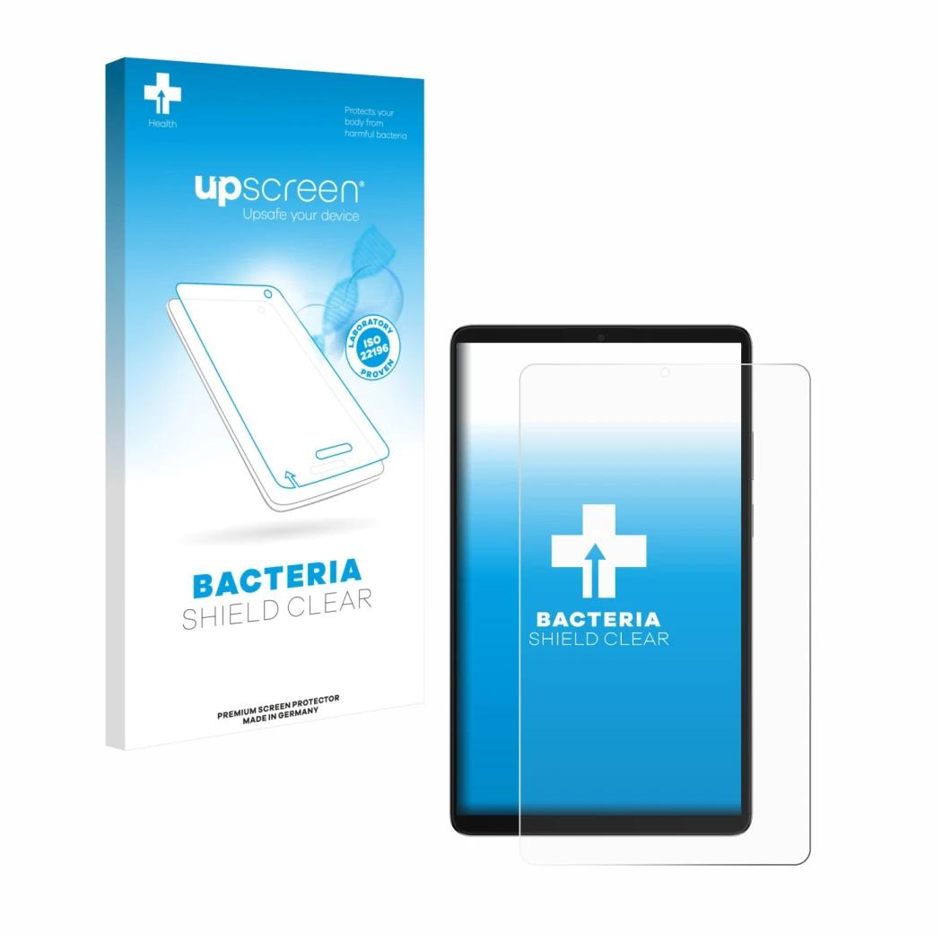 Parte frontal de un envase de producto con el logotipo de la marca upscreen. Al lado se muestra el dispositivo Samsung Galaxy 