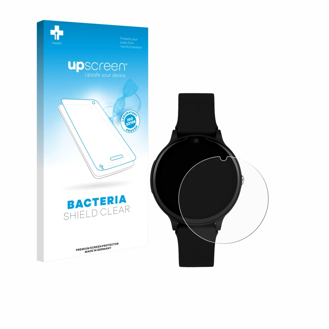 Parte frontal de un envase de producto con el logotipo de la marca upscreen. Al lado se muestra el dispositivo One2Track Conne