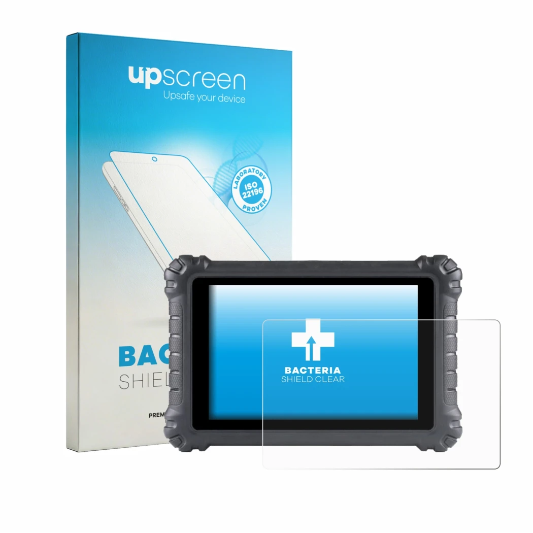 Parte frontal de un envase de producto con el logotipo de la marca upscreen. Al lado se muestra el dispositivo Autel MaxiSys M