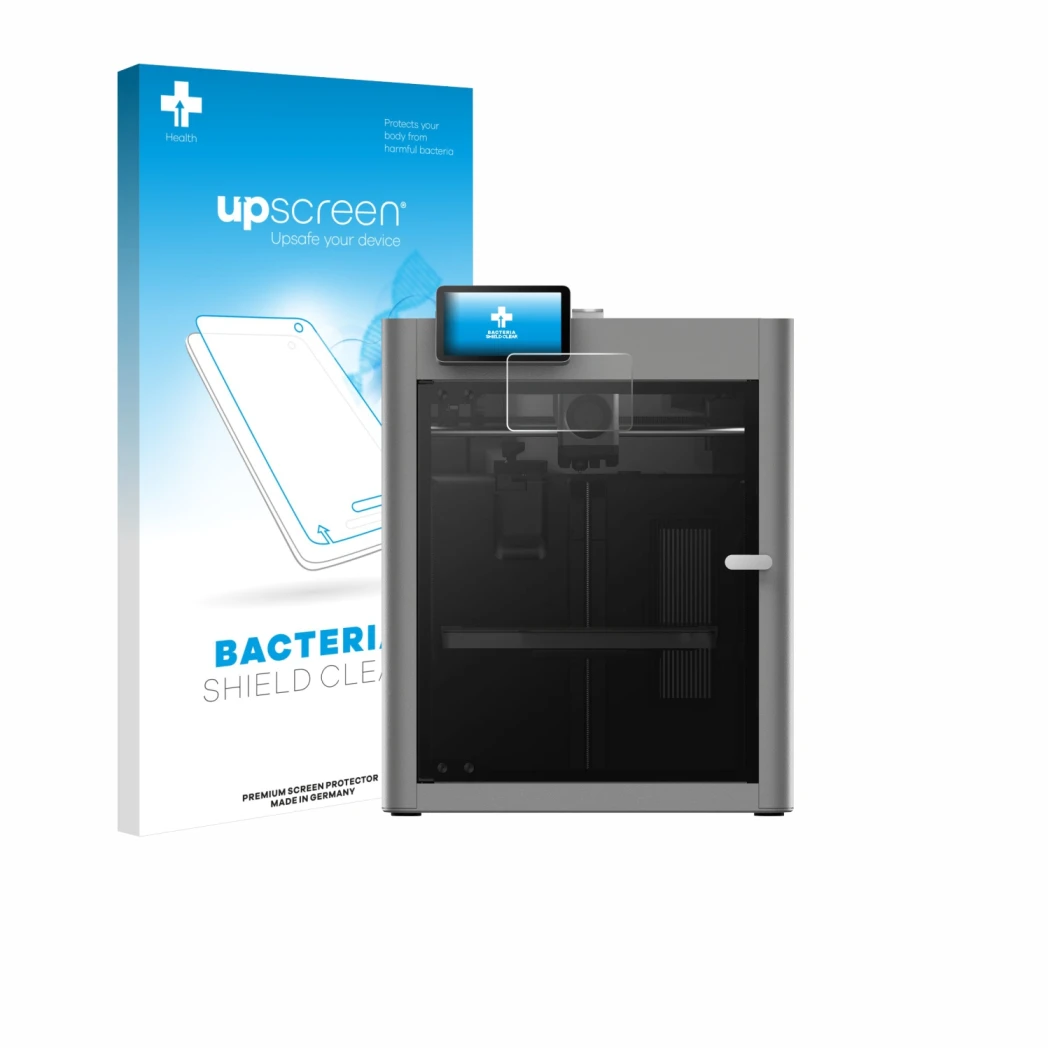 Parte frontal de un envase de producto con el logotipo de la marca upscreen. Al lado se muestra el dispositivo Bambu Lab P2S 3