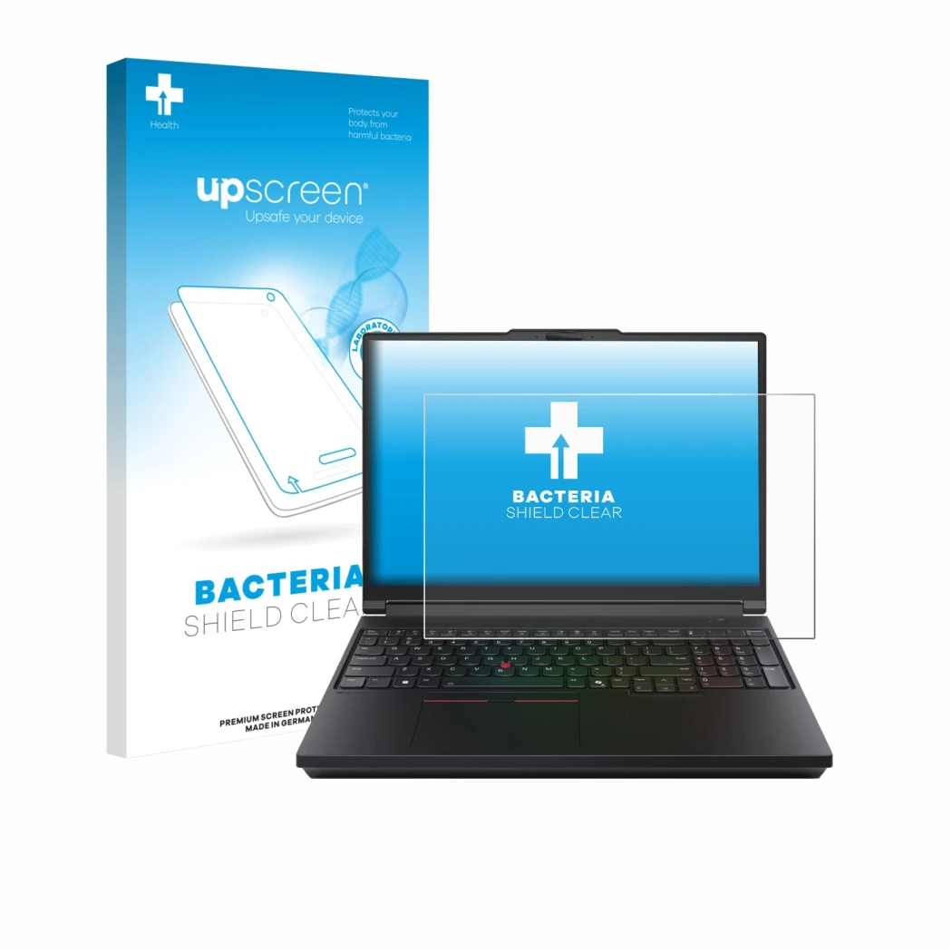 Parte frontal de un envase de producto con el logotipo de la marca upscreen. Al lado se muestra el dispositivo Lenovo ThinkPad