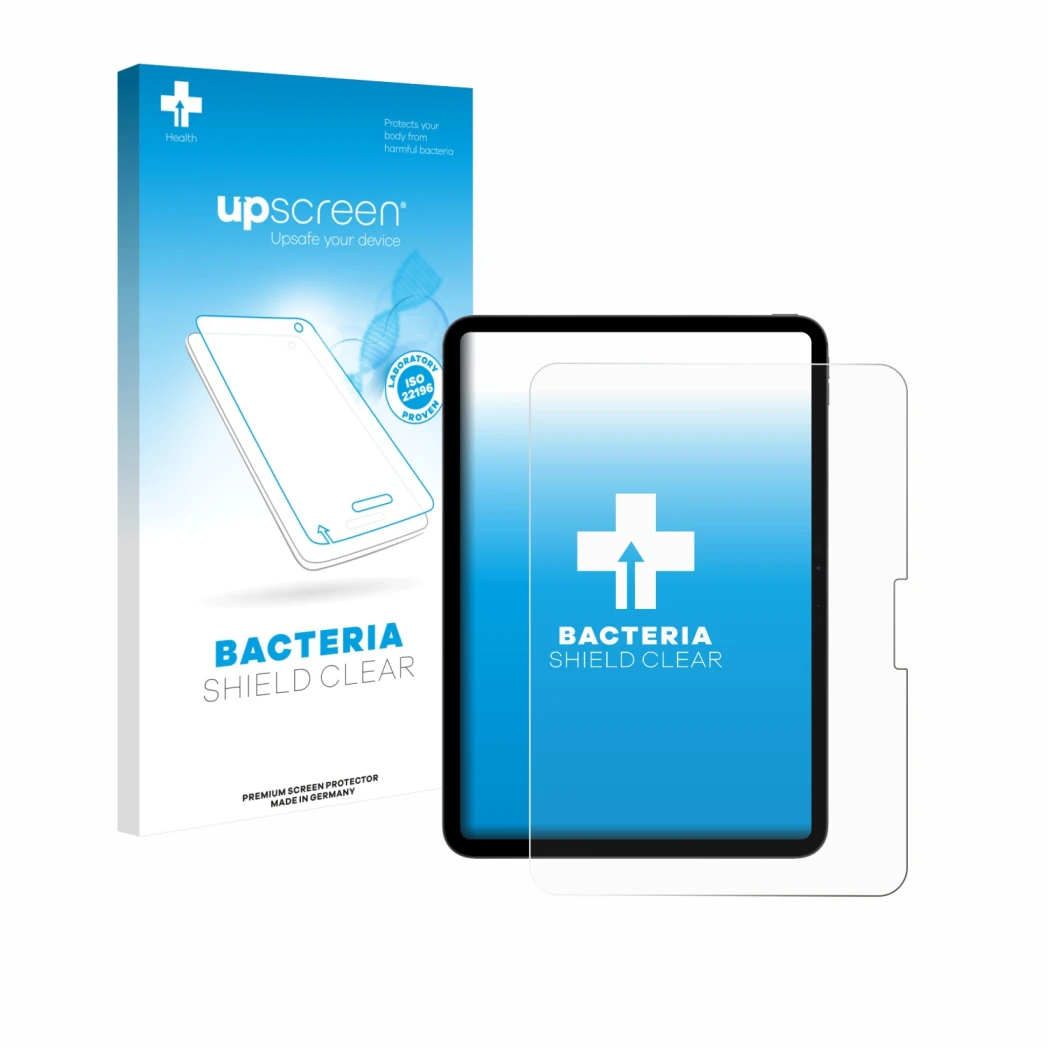 Parte frontal de un envase de producto con el logotipo de la marca upscreen. Al lado se muestra el dispositivo Apple iPad Pro 