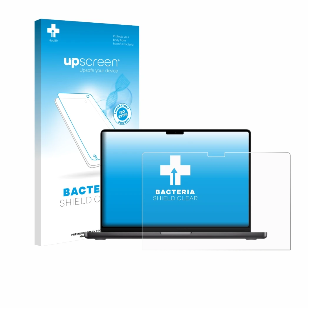 Parte frontal de un envase de producto con el logotipo de la marca upscreen. Al lado se muestra el dispositivo Apple MacBook P