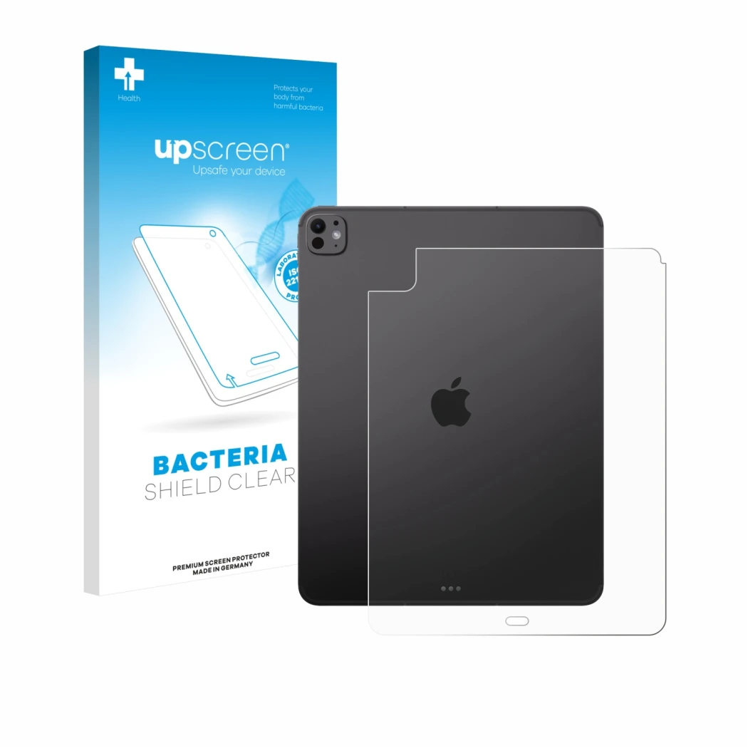 Parte frontal de un envase de producto con el logotipo de la marca upscreen. Al lado se muestra el dispositivo Apple iPad Pro 