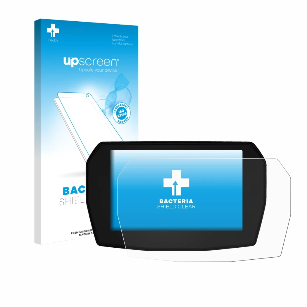 Parte frontal de un envase de producto con el logotipo de la marca upscreen. Al lado se muestra el dispositivo Ducati Streetfi