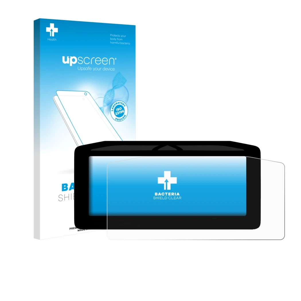 Parte frontal de un envase de producto con el logotipo de la marca upscreen. Al lado se muestra el dispositivo Ducati Panigale