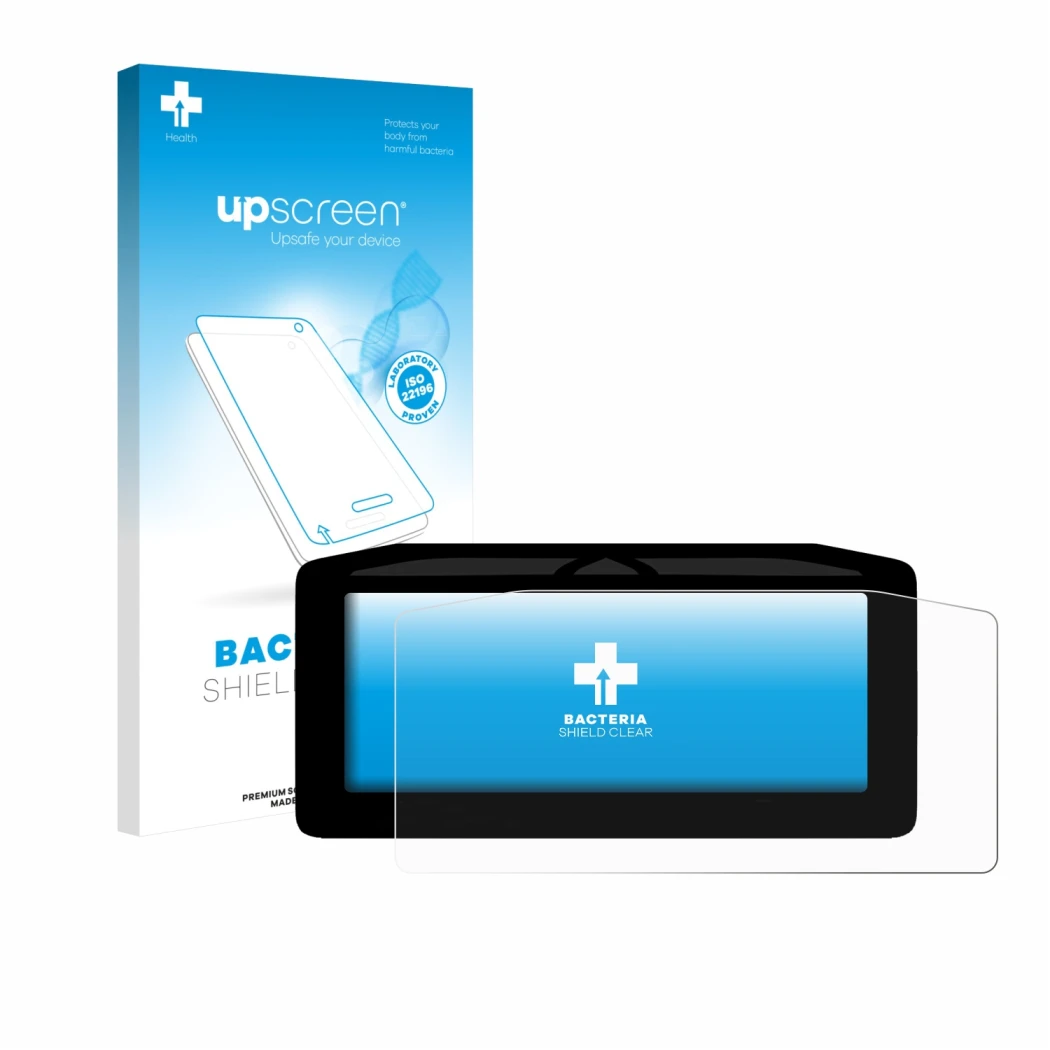 Parte frontal de un envase de producto con el logotipo de la marca upscreen. Al lado se muestra el dispositivo Ducati XDiavel 